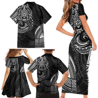 Polynesian Turtle Tribal Tattoo Family Matching Short Sleeve Bodycon Dress and Hawaiian Shirt Black Style
