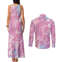 Japanese Koi Fish Couples Matching Tank Maxi Dress and Long Sleeve Button Shirt Pink Wagara Palaka Honohono Pikake Lei