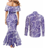 Japanese Koi Fish Couples Matching Mermaid Dress and Long Sleeve Button Shirt Purple Wagara Palaka Honohono Pikake Lei