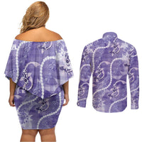 Japanese Koi Fish Couples Matching Off Shoulder Short Dress and Long Sleeve Button Shirt Purple Wagara Palaka Honohono Pikake Lei