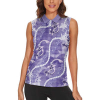 Japanese Koi Fish Women Sleeveless Polo Shirt Purple Wagara Palaka Honohono Pikake Lei