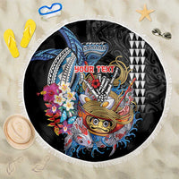Personalized Japanese Koi Fish Ramen Beach Blanket Aloha Shark Kakau Pattern LT9 One Size 150cm Black - Polynesian Pride