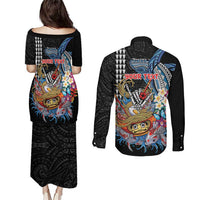 Personalized Japanese Koi Fish Ramen Couples Matching Puletasi and Long Sleeve Button Shirt Aloha Shark Kakau Pattern LT9 - Polynesian Pride