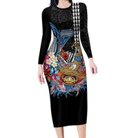 Personalized Japanese Koi Fish Ramen Long Sleeve Bodycon Dress Aloha Shark Kakau Pattern