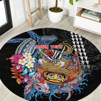 Personalized Japanese Koi Fish Ramen Round Carpet Aloha Shark Kakau Pattern LT9 Black - Polynesian Pride
