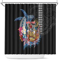Personalized Japanese Koi Fish Ramen Shower Curtain Aloha Shark Kakau Pattern LT9 Black - Polynesian Pride