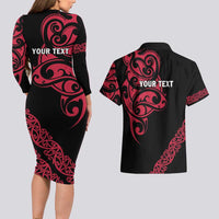 All Black Maori Tribal Tattoo Personalised Couples Matching Long Sleeve Bodycon Dress and Hawaiian Shirt Classic Red Polynesian Style - Polynesian Pride