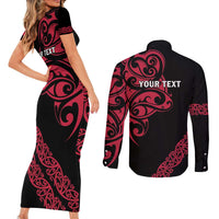 All Black Maori Tribal Tattoo Personalised Couples Matching Short Sleeve Bodycon Dress and Long Sleeve Button Shirt Classic Red Polynesian Style - Polynesian Pride