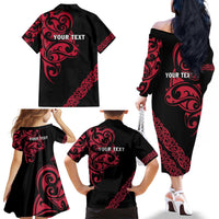 All Black Maori Tribal Tattoo Personalised Family Matching Off The Shoulder Long Sleeve Dress and Hawaiian Shirt Classic Red Polynesian Style - Polynesian Pride