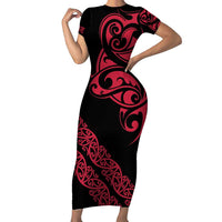 All Black Maori Tribal Tattoo Personalised Short Sleeve Bodycon Dress Classic Red Polynesian Style - Polynesian Pride