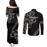 All Black Maori Tribal Tattoo Personalised Couples Matching Puletasi and Long Sleeve Button Shirt Moss Green Polynesian Style - Polynesian Pride