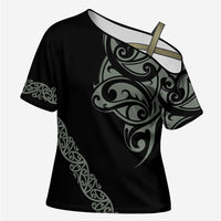 All Black Maori Tribal Tattoo Personalised Cross Shoulder Shirt Moss Green Polynesian Style - Polynesian Pride