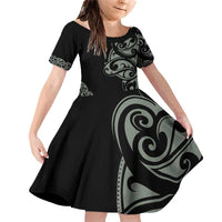 All Black Maori Tribal Tattoo Personalised Family Matching Off Shoulder Short Dress and Hawaiian Shirt Moss Green Polynesian Style - Polynesian Pride