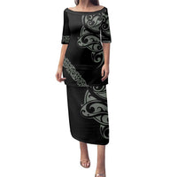 All Black Maori Tribal Tattoo Personalised Family Matching Puletasi and Hawaiian Shirt Moss Green Polynesian Style - Polynesian Pride