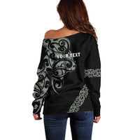 All Black Maori Tribal Tattoo Personalised Off Shoulder Sweater Moss Green Polynesian Style - Polynesian Pride
