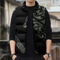 All Black Maori Tribal Tattoo Personalised Sleeveless Puffer Jacket Moss Green Polynesian Style - Polynesian Pride