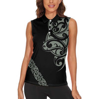 All Black Maori Tribal Tattoo Personalised Women Sleeveless Polo Shirt Moss Green Polynesian Style - Polynesian Pride