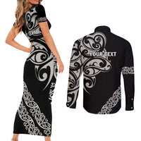 All Black Maori Tribal Tattoo Personalised Couples Matching Short Sleeve Bodycon Dress and Long Sleeve Button Shirt Stone Gray Polynesian Style - Polynesian Pride