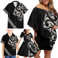 All Black Maori Tribal Tattoo Personalised Family Matching Off Shoulder Short Dress and Hawaiian Shirt Stone Gray Polynesian Style - Polynesian Pride