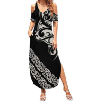 All Black Maori Tribal Tattoo Personalised Family Matching Summer Maxi Dress and Hawaiian Shirt Stone Gray Polynesian Style - Polynesian Pride