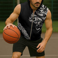 All Black Maori Tribal Tattoo Personalised Sleeveless Zip Hoodie Stone Gray Polynesian Style - Polynesian Pride