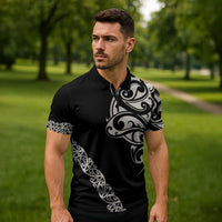 All Black Maori Tribal Tattoo Personalised Zipper Polo Shirt Stone Gray Polynesian Style LT9 - Polynesian Pride
