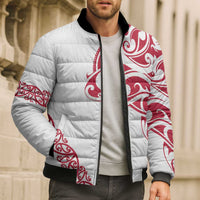 All White Maori Tribal Tattoo Personalised Bomber Puffer Jacket Classic Red Polynesian Style - Polynesian Pride