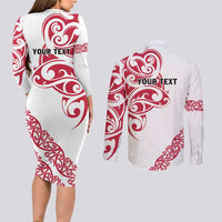All White Maori Tribal Tattoo Personalised Couples Matching Long Sleeve Bodycon Dress and Long Sleeve Button Shirt Classic Red Polynesian Style - Polynesian Pride