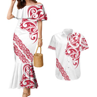 All White Maori Tribal Tattoo Personalised Couples Matching Mermaid Dress and Hawaiian Shirt Classic Red Polynesian Style - Polynesian Pride