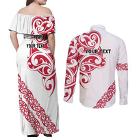 All White Maori Tribal Tattoo Personalised Couples Matching Off Shoulder Maxi Dress and Long Sleeve Button Shirt Classic Red Polynesian Style - Polynesian Pride