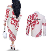 All White Maori Tribal Tattoo Personalised Couples Matching Off The Shoulder Long Sleeve Dress and Long Sleeve Button Shirt Classic Red Polynesian Style - Polynesian Pride