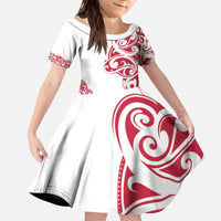 All White Maori Tribal Tattoo Personalised Family Matching Off The Shoulder Long Sleeve Dress and Hawaiian Shirt Classic Red Polynesian Style - Polynesian Pride