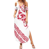All White Maori Tribal Tattoo Personalised Family Matching Summer Maxi Dress and Hawaiian Shirt Classic Red Polynesian Style - Polynesian Pride