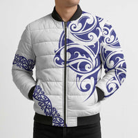 All White Maori Tribal Tattoo Personalised Bomber Puffer Jacket Dark Blue Polynesian Style - Polynesian Pride