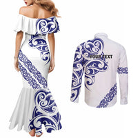All White Maori Tribal Tattoo Personalised Couples Matching Mermaid Dress and Long Sleeve Button Shirt Dark Blue Polynesian Style - Polynesian Pride