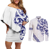 All White Maori Tribal Tattoo Personalised Couples Matching Off Shoulder Short Dress and Long Sleeve Button Shirt Dark Blue Polynesian Style - Polynesian Pride