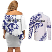 All White Maori Tribal Tattoo Personalised Couples Matching Off Shoulder Short Dress and Long Sleeve Button Shirt Dark Blue Polynesian Style - Polynesian Pride