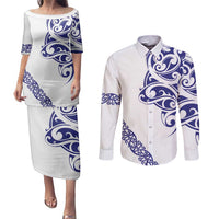 All White Maori Tribal Tattoo Personalised Couples Matching Puletasi and Long Sleeve Button Shirt Dark Blue Polynesian Style - Polynesian Pride