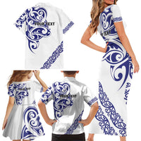 All White Maori Tribal Tattoo Personalised Family Matching Short Sleeve Bodycon Dress and Hawaiian Shirt Dark Blue Polynesian Style - Polynesian Pride