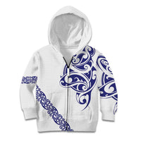All White Maori Tribal Tattoo Personalised Kid Hoodie Dark Blue Polynesian Style - Polynesian Pride
