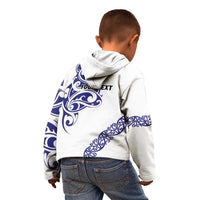 All White Maori Tribal Tattoo Personalised Kid Hoodie Dark Blue Polynesian Style - Polynesian Pride