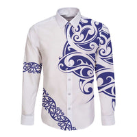 All White Maori Tribal Tattoo Personalised Long Sleeve Button Shirt Dark Blue Polynesian Style - Polynesian Pride