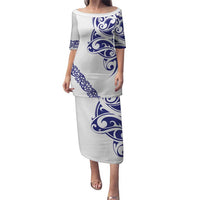 All White Maori Tribal Tattoo Personalised Puletasi Dark Blue Polynesian Style - Polynesian Pride