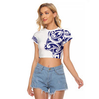 All White Maori Tribal Tattoo Personalised Raglan Cropped T Shirt Dark Blue Polynesian Style - Polynesian Pride
