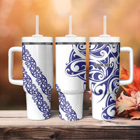 All White Maori Tribal Tattoo Personalised Tumbler With Handle Dark Blue Polynesian Style - Polynesian Pride