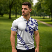 All White Maori Tribal Tattoo Personalised Zipper Polo Shirt Dark Blue Polynesian Style - Polynesian Pride
