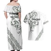 All White Maori Tribal Tattoo Personalised Couples Matching Off Shoulder Maxi Dress and Hawaiian Shirt Moss Green Polynesian Style - Polynesian Pride