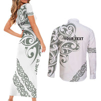 All White Maori Tribal Tattoo Personalised Couples Matching Short Sleeve Bodycon Dress and Long Sleeve Button Shirt Moss Green Polynesian Style - Polynesian Pride