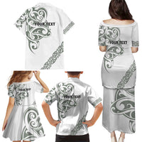 All White Maori Tribal Tattoo Personalised Family Matching Puletasi and Hawaiian Shirt Moss Green Polynesian Style - Polynesian Pride