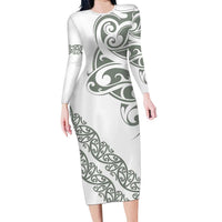 All White Maori Tribal Tattoo Personalised Long Sleeve Bodycon Dress Moss Green Polynesian Style - Polynesian Pride
